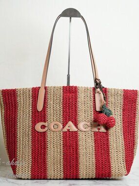 Coach CER30 City Tote Bag With Stripes And Charm straw/Gold/Red/Tan NWT